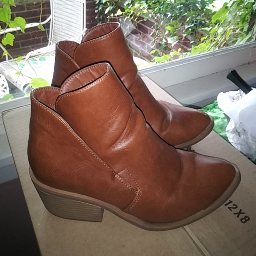 Tan pointy toe hidden heel booties